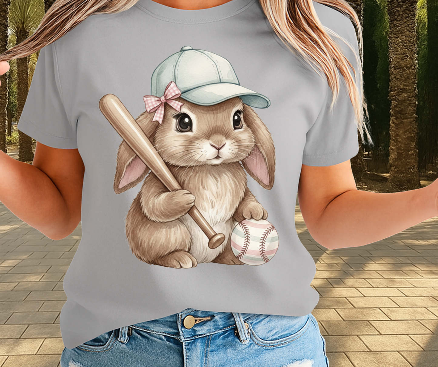Bunny Holding Baseball Bat And Wearing A Cap  - Cute Easter Graphic Tee