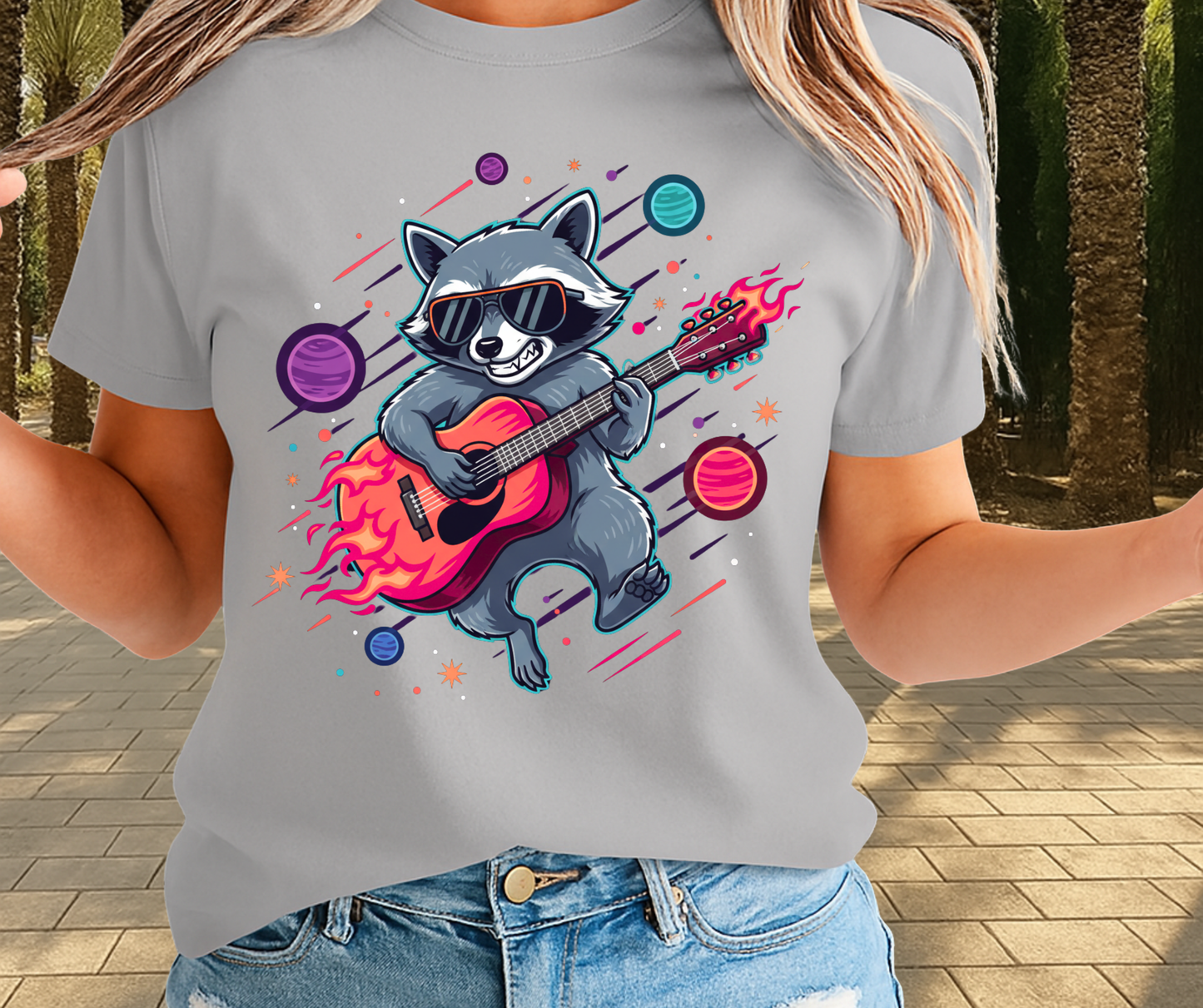Racoon Playing Guitar Shirt In The Space - Funny Graphic Tee