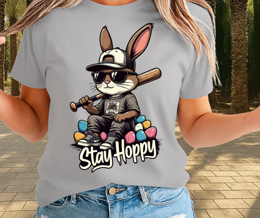 Stay Hoppy Baseball Season Graphic Shirt - Cute Easter Clothing