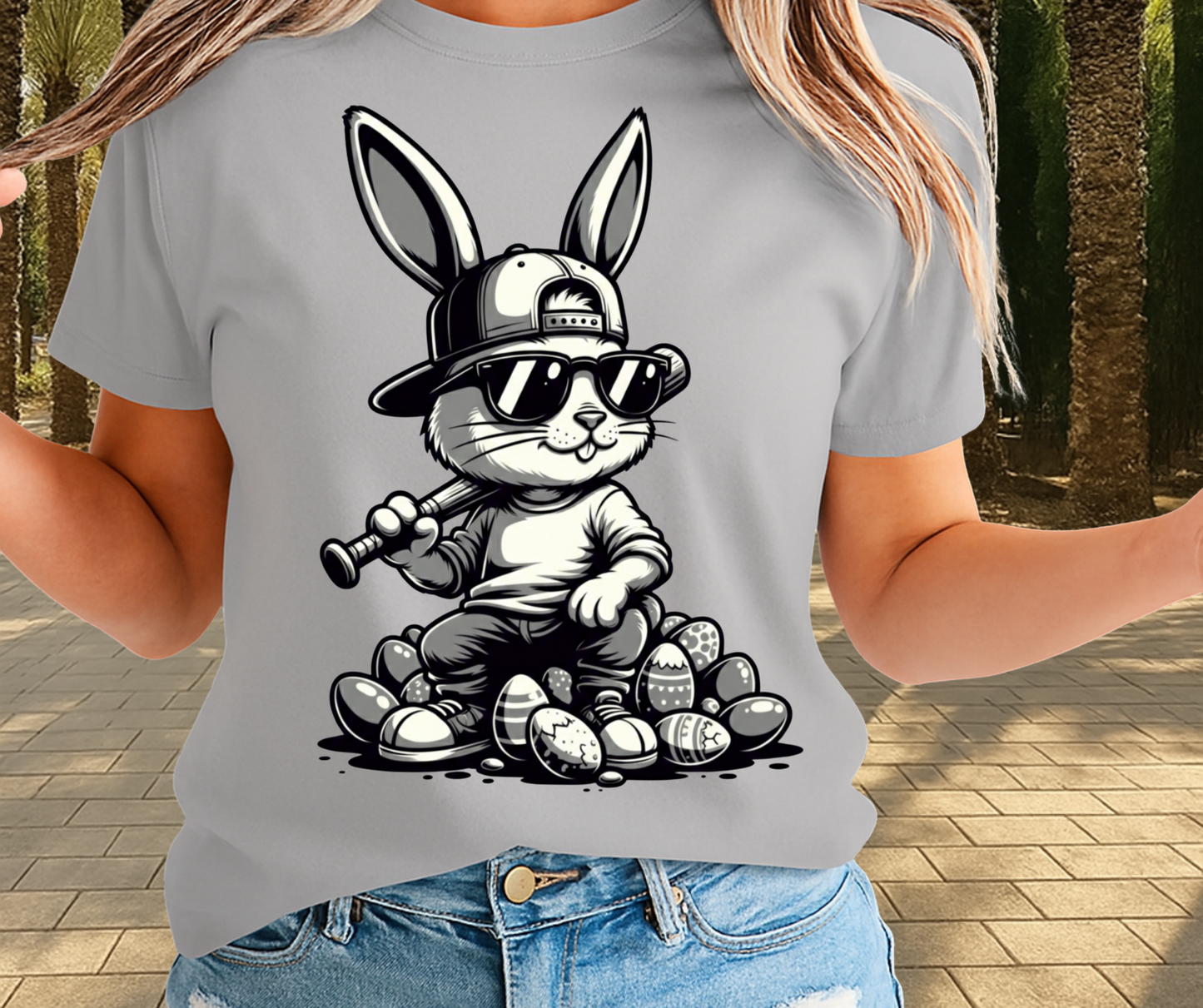 Bunny With Baseball Bat Sitting on Easter Eggs  - Cute Easter Graphic Tee