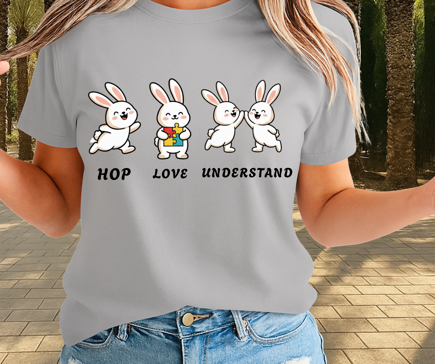 Hop Love Understand Autism Graphic Shirt - Cute Easter Clothing