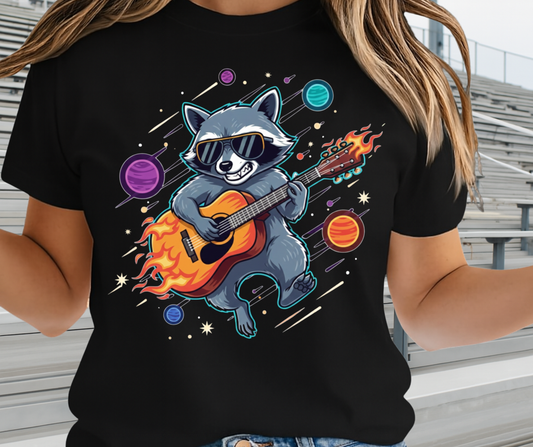 Racoon Playing Guitar Shirt In The Space - Funny Graphic Tee