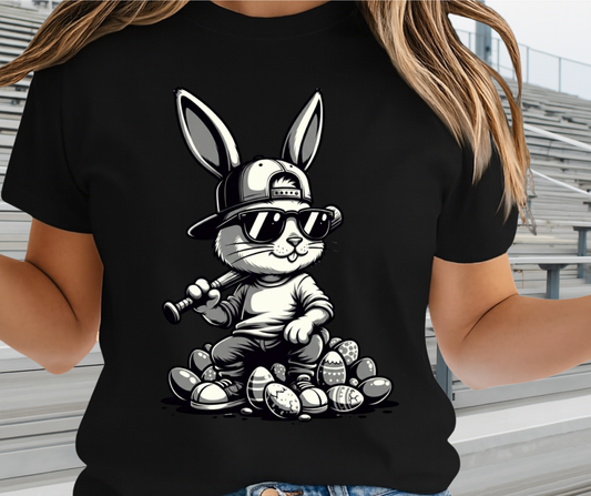 Bunny With Baseball Bat Sitting on Easter Eggs  - Cute Easter Graphic Tee
