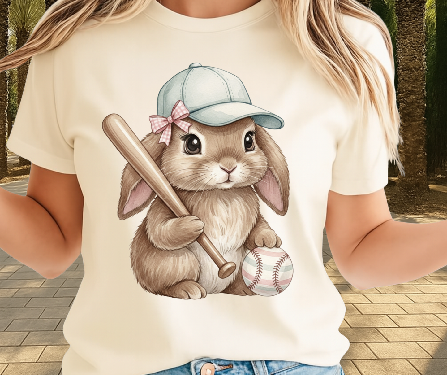 Bunny Holding Baseball Bat And Wearing A Cap  - Cute Easter Graphic Tee