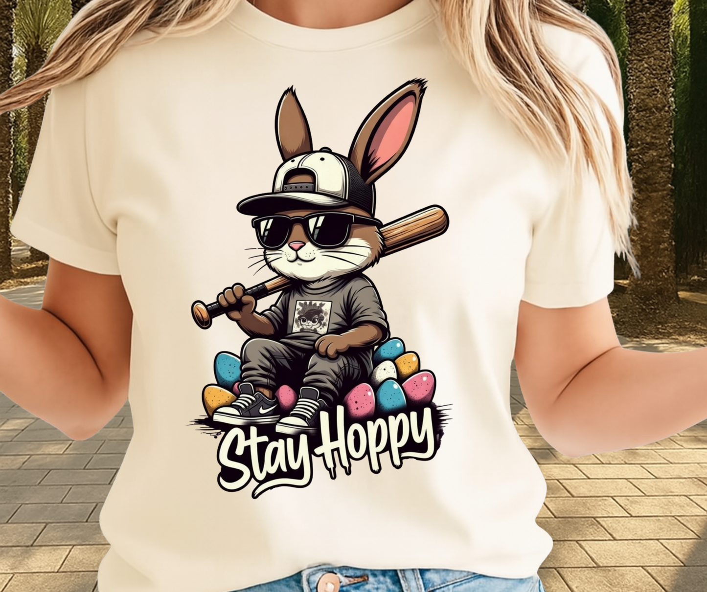 Stay Hoppy Baseball Season Graphic Shirt - Cute Easter Clothing