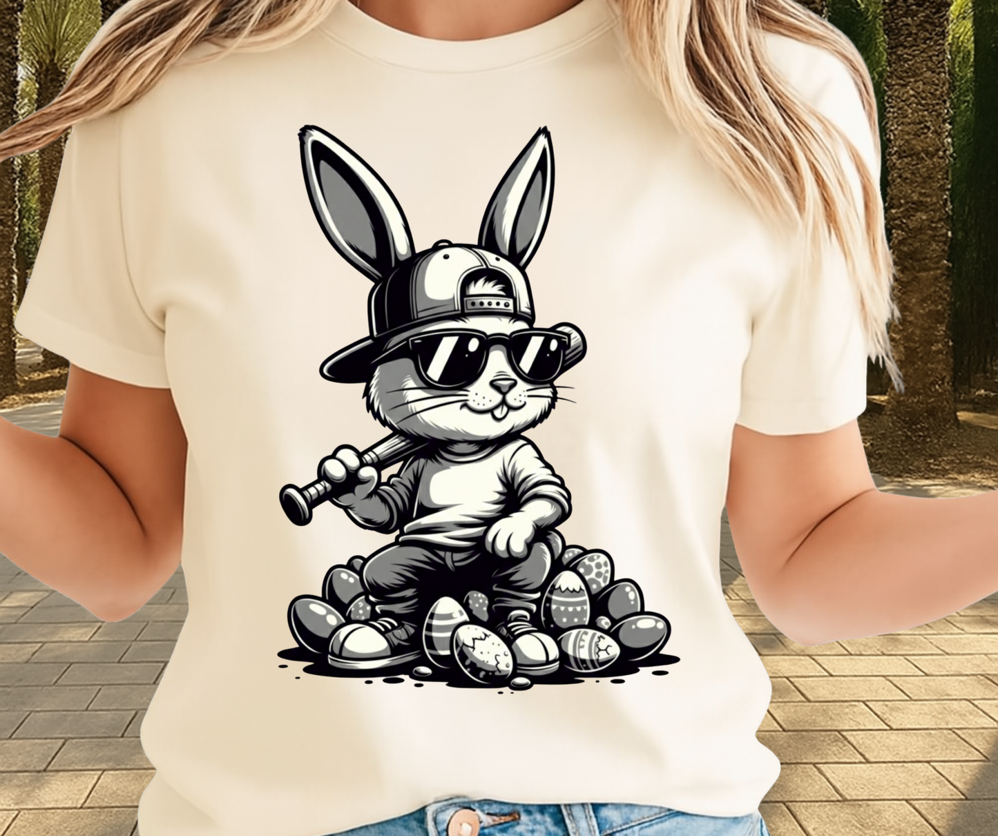 Bunny With Baseball Bat Sitting on Easter Eggs  - Cute Easter Graphic Tee