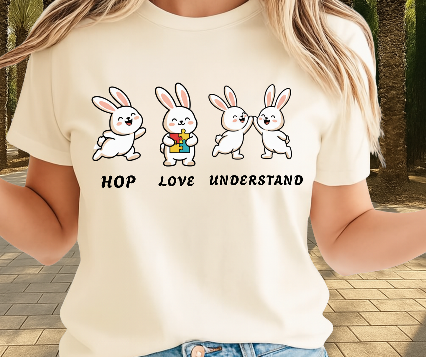 Hop Love Understand Autism Graphic Shirt - Cute Easter Clothing