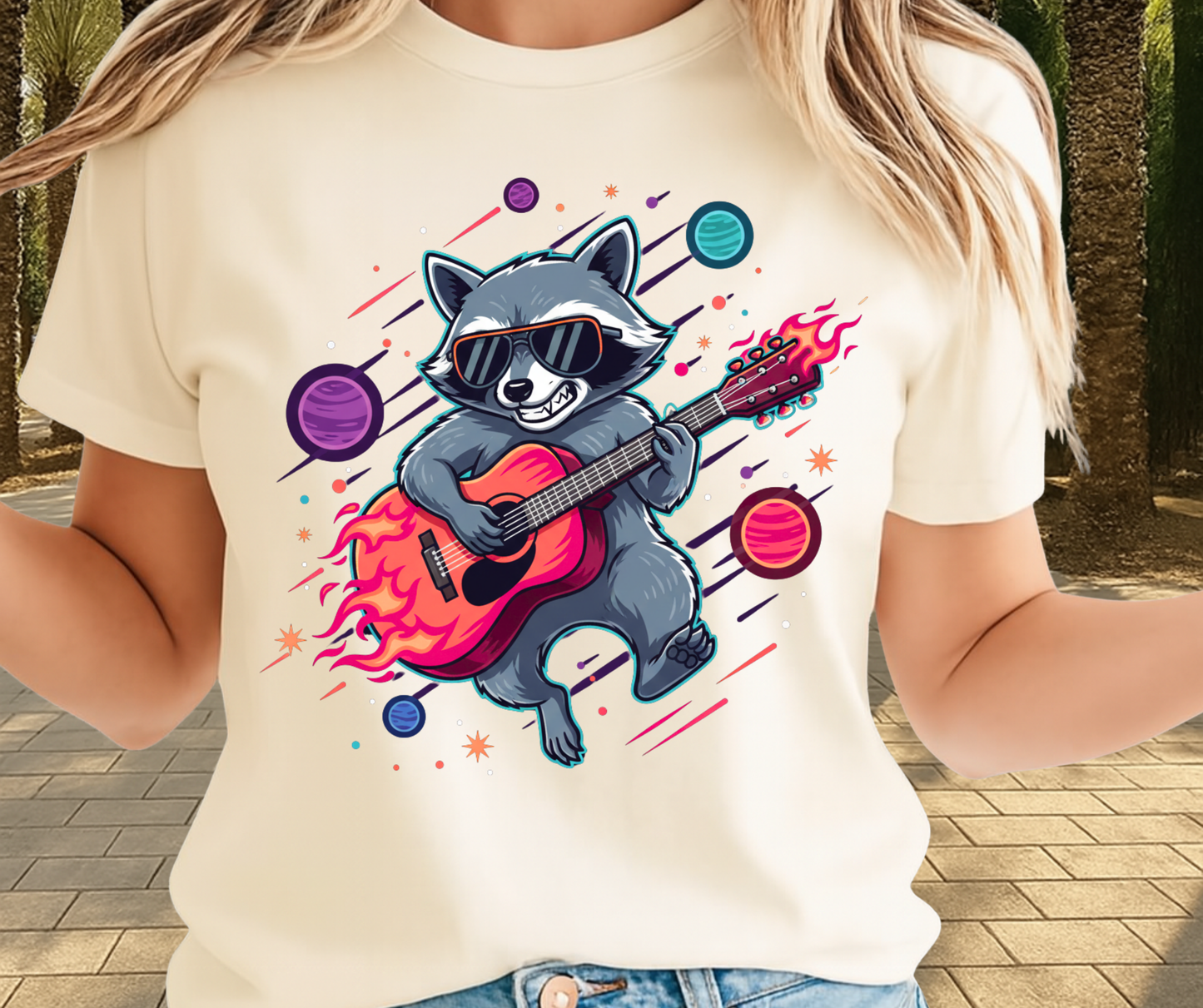 Racoon Playing Guitar Shirt In The Space - Funny Graphic Tee