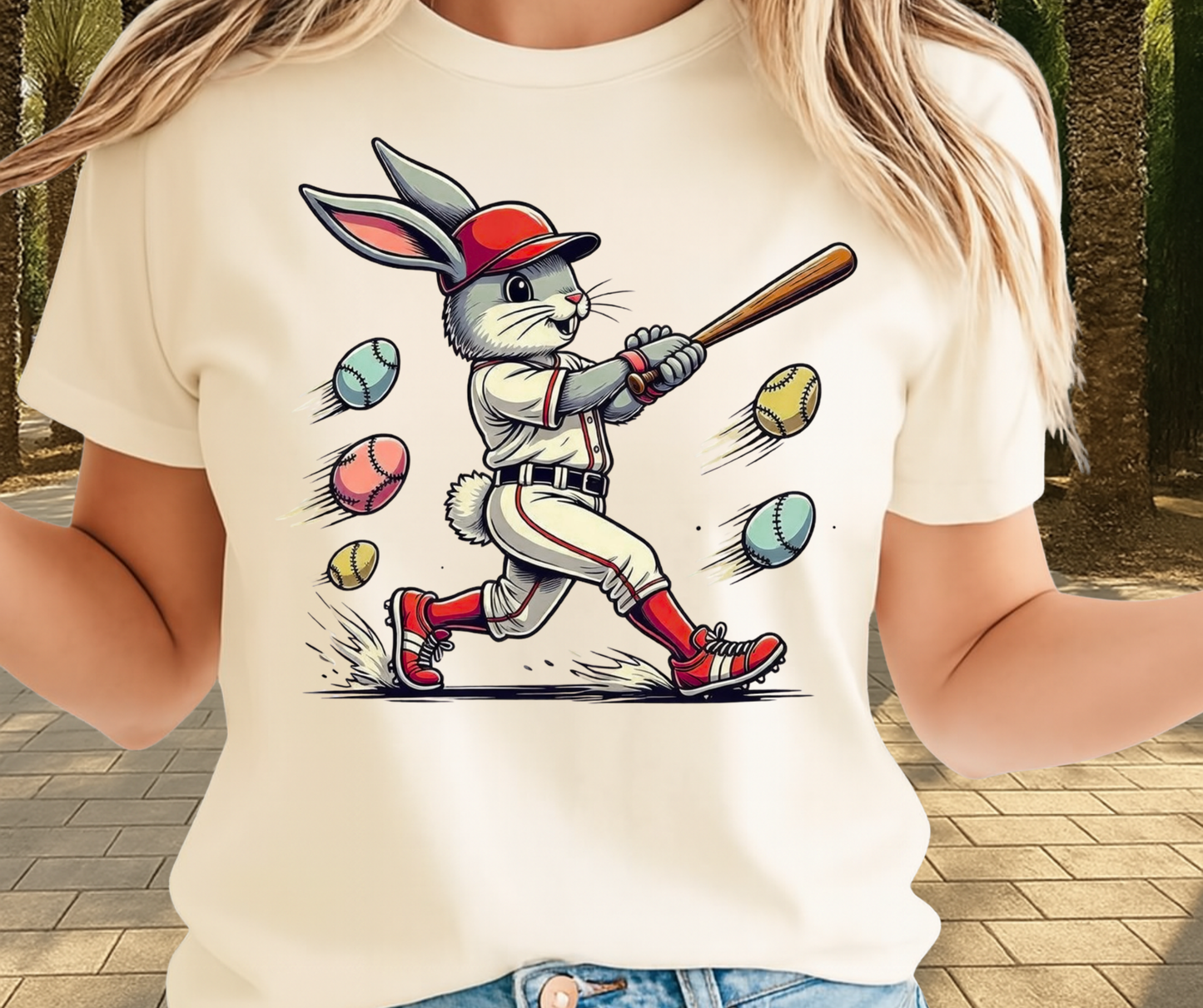 Bunny Playing Baseball With Easter Eggs  - Cute Easter Clothing