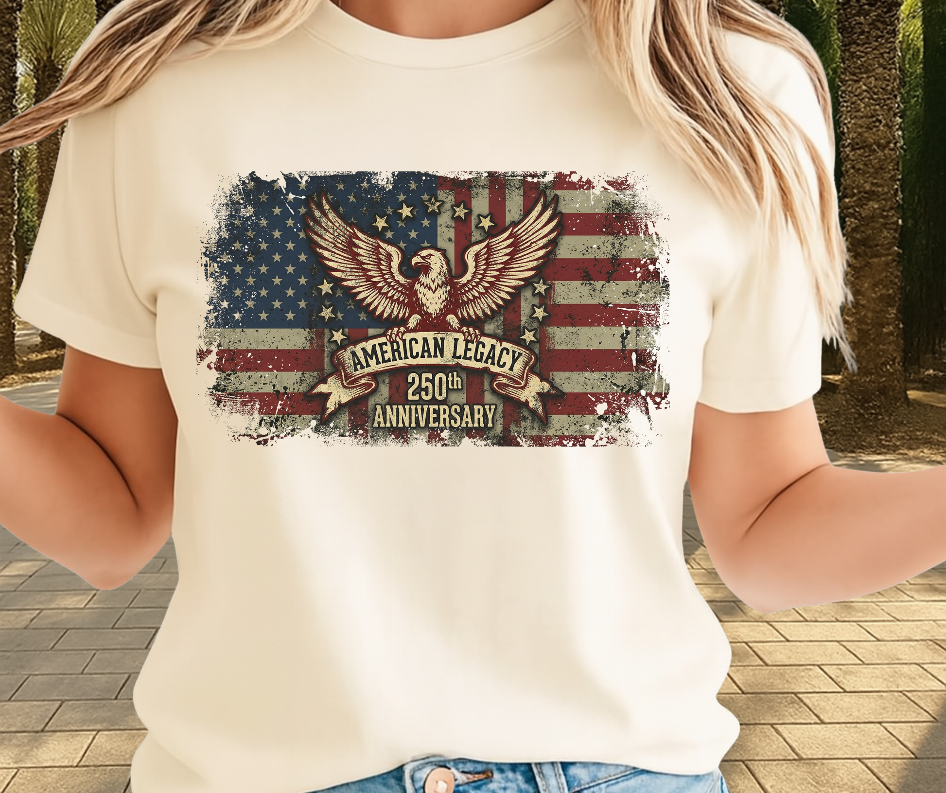 Person wearing a white t-shirt with an American flag and eagle design, text 'American Legacy 250th Anniversary'.