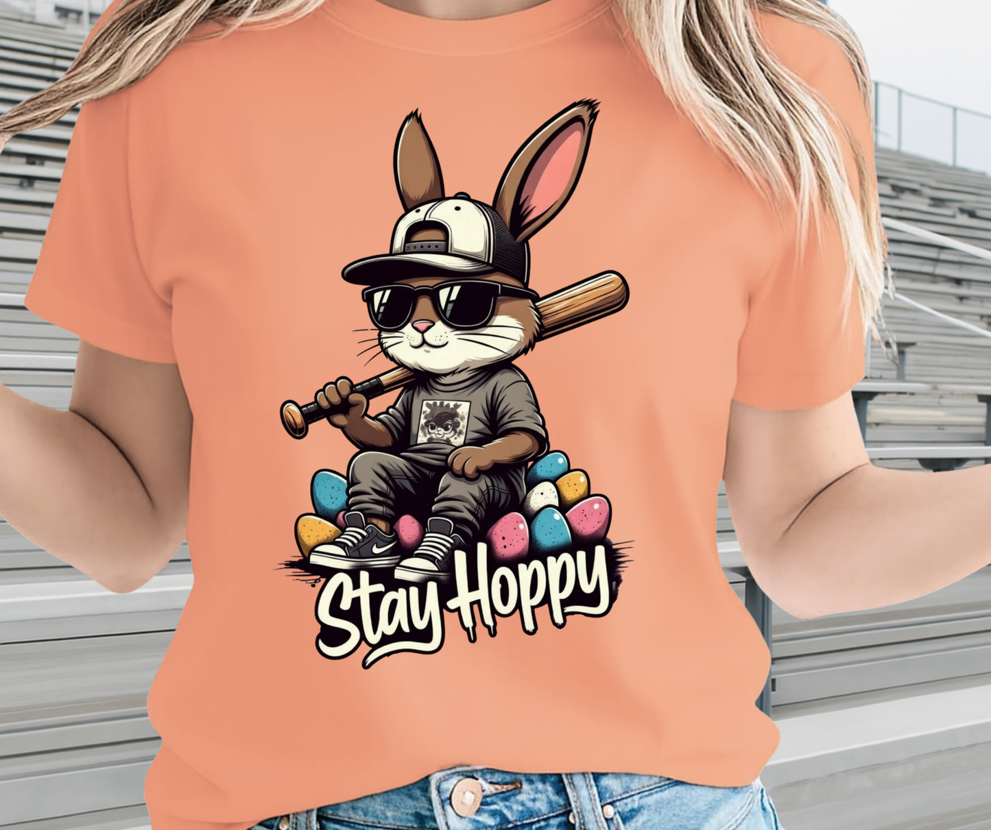 Stay Hoppy Baseball Season Graphic Shirt - Cute Easter Clothing