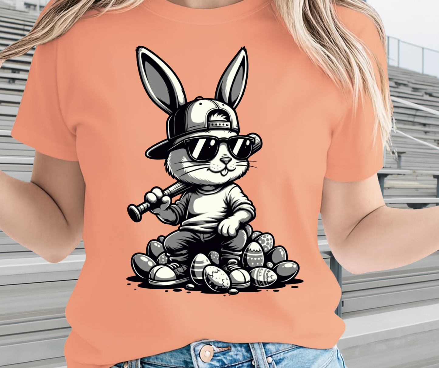 Bunny With Baseball Bat Sitting on Easter Eggs  - Cute Easter Graphic Tee