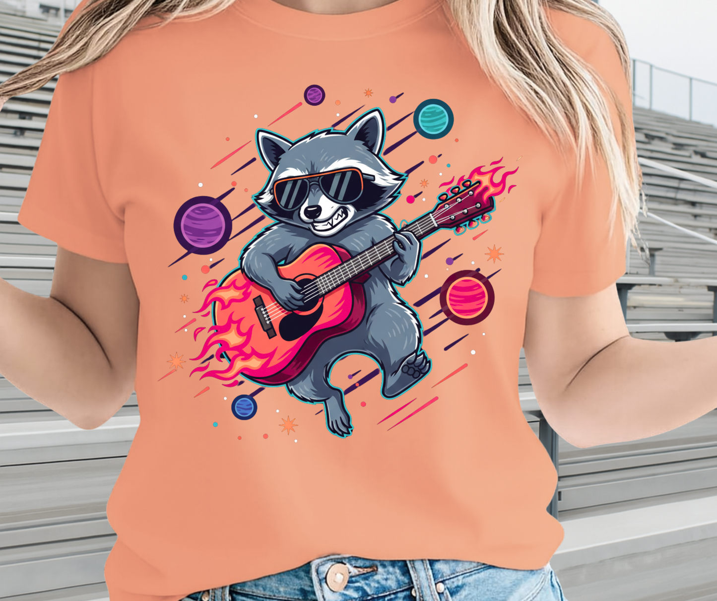 Racoon Playing Guitar Shirt In The Space - Funny Graphic Tee