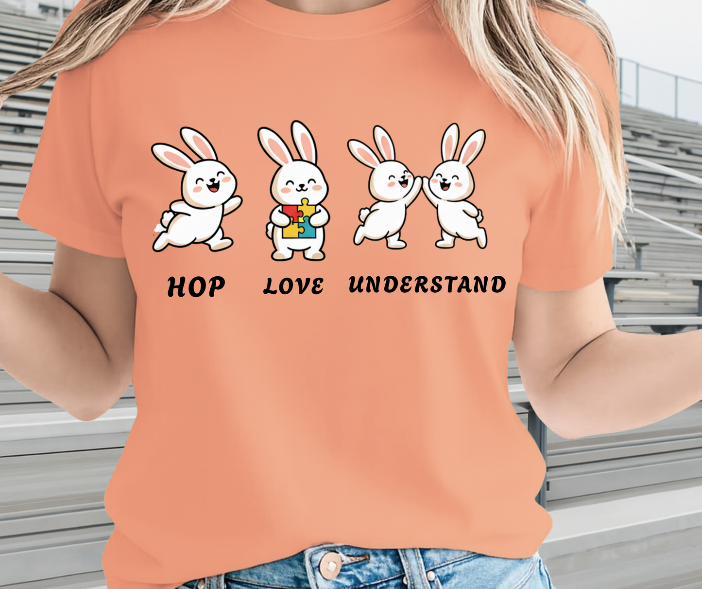Hop Love Understand Autism Graphic Shirt - Cute Easter Clothing